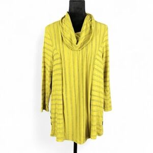 NWT Ali Miles L Relaxed Fit Cowl Neck Tunic Yellow Stripe Lagenlook Artsy Boho